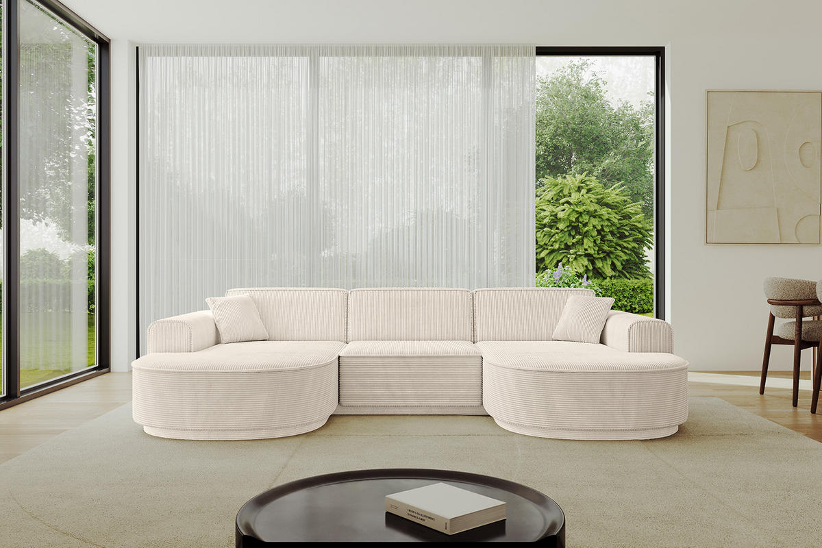 WOHNLANDSCHAFT MARI-U1 - 295x163x81 cm Beige Cord - Beige/Schwarz, Holzwerkstoff/Kunststoff (295/81/163cm) - ALTDECOR