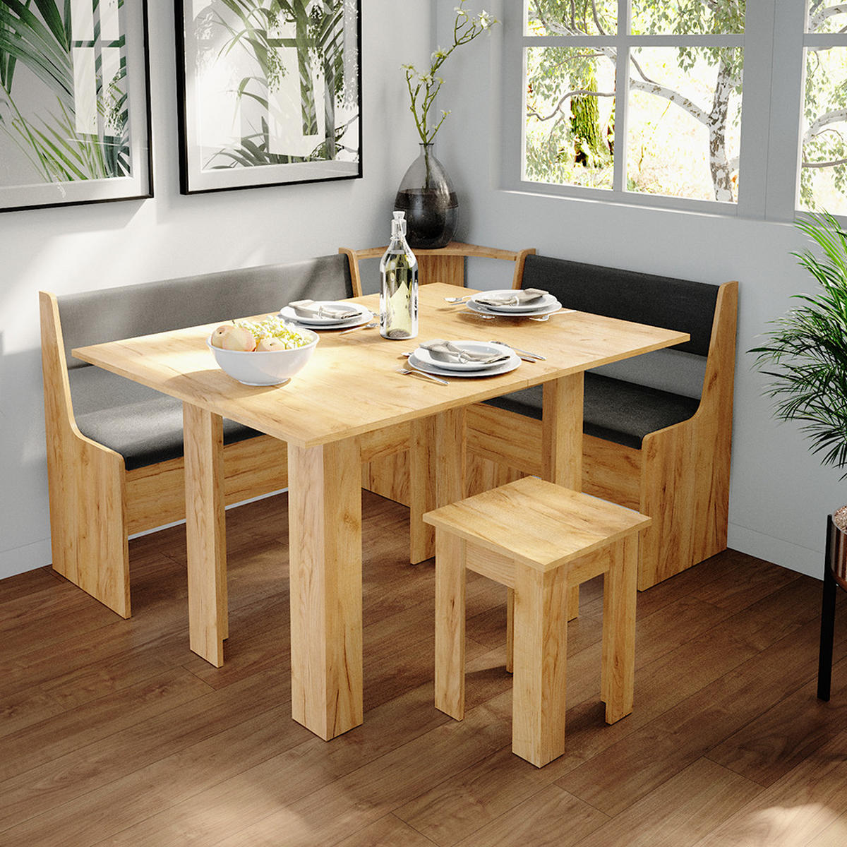 ECKBANKGRUPPE Roman Goldkraft Eiche 150 x 41.5 cm mit Tisch - Anthrazit/Eiche Wotan, Holzwerkstoff (150/80/120cm) - Vicco