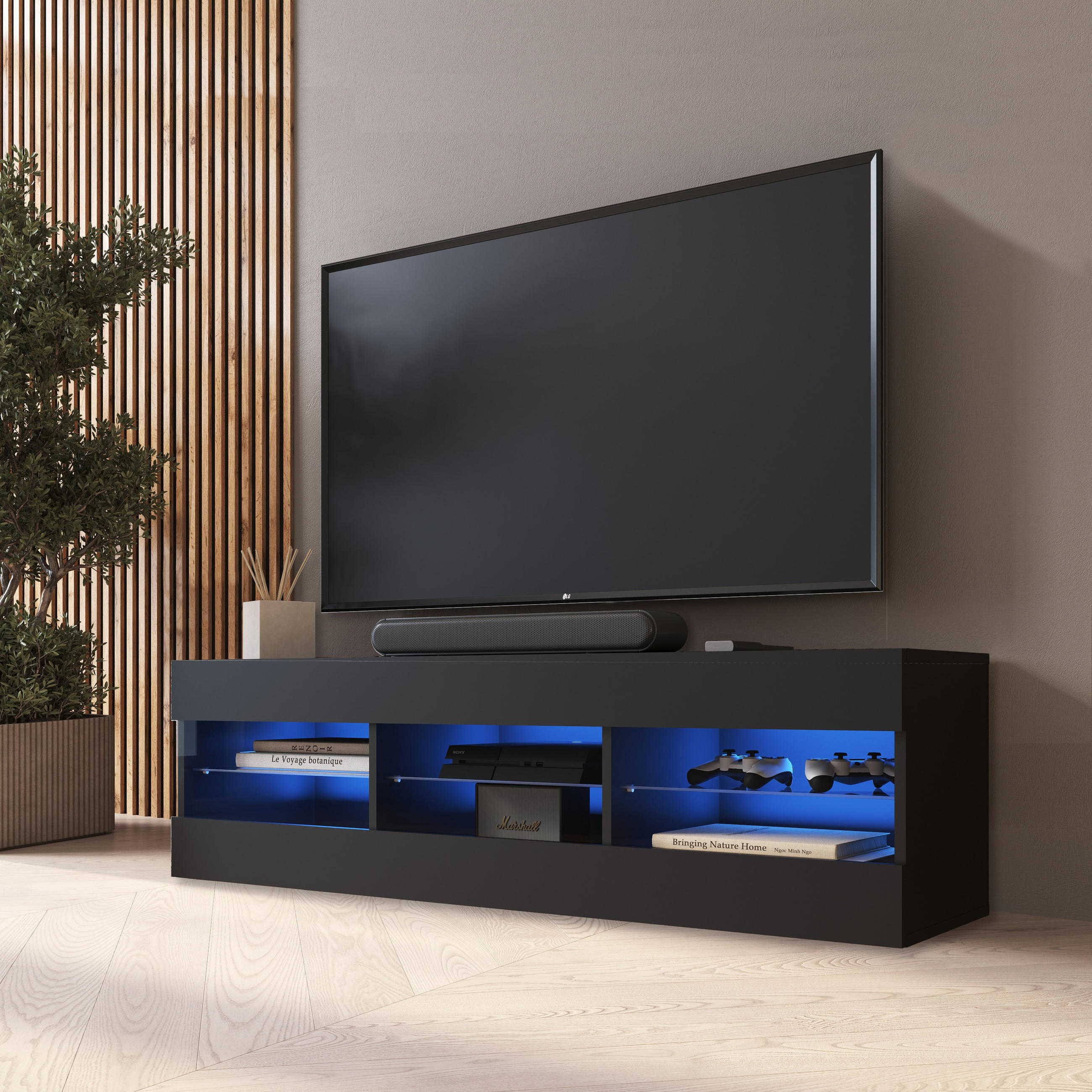 LOWBOARD TIVOLI RTV 140, Schwarz, LED Blau - Schwarz, Glas/Holzwerkstoff (140/40.5/35.5cm) - Komodee