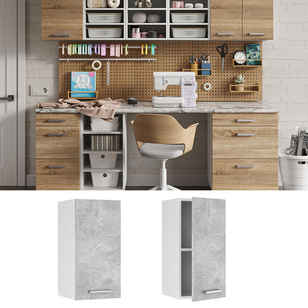 UNIVERZÁLNÍ NÁSTĚNNÁ SKŘÍŇKA R-Line Beton - šedá/bílá, kompozitní dřevo (40/60/31cm) - Vicco