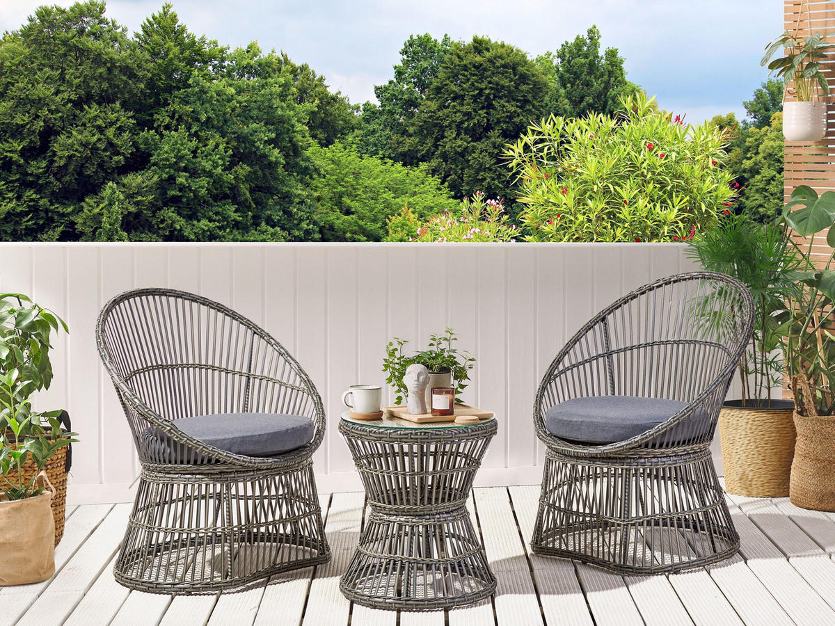 BALKONSET 2-Sitzer Rattan taupe Auflagen dunkelgrau Mesyna - Beige/Grau, Kunststoff/Textil - Beliani