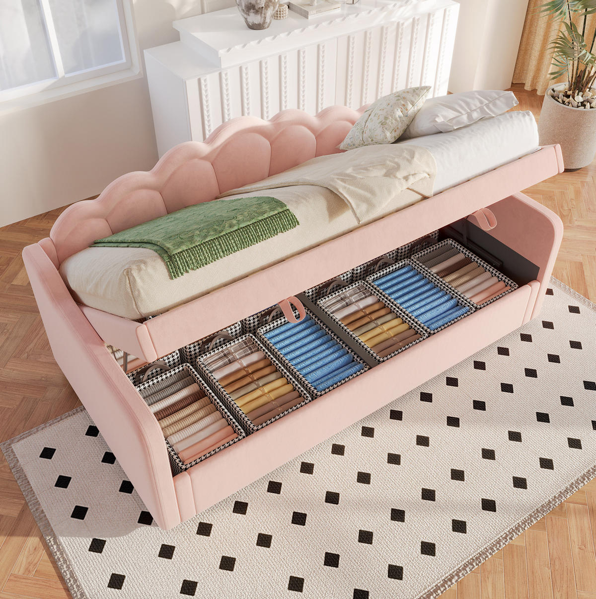 BETT mit Bettkasten 90/200 cm in Rosa – Samtbezug mit LED und Kopfteil - Rosa, Textil (90/200cm) - BEAOK