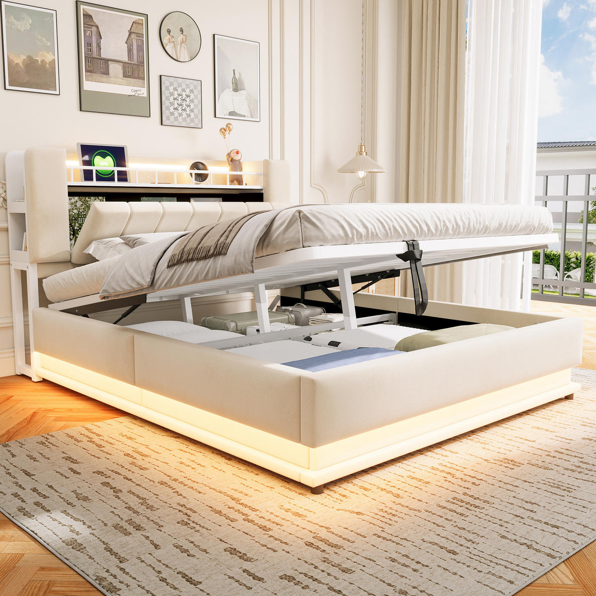 POLSTERBETT 160/200 cm Beige mit LED-Beleuchtung, USB und Stauraum - Beige, Textil (160/200cm) - Flora Grace