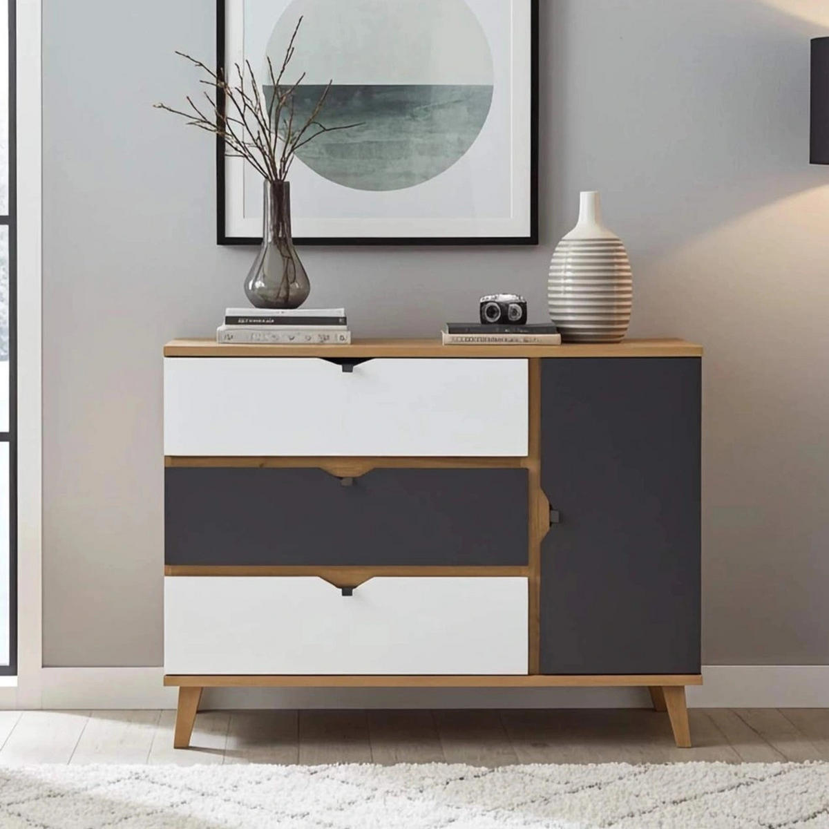 SIDEBOARD Aster 120/90/40 mit drei Schubladen - Eichefarben/Graphitfarben, Holzwerkstoff/Kunststoff (120/90/40cm) - Ravio