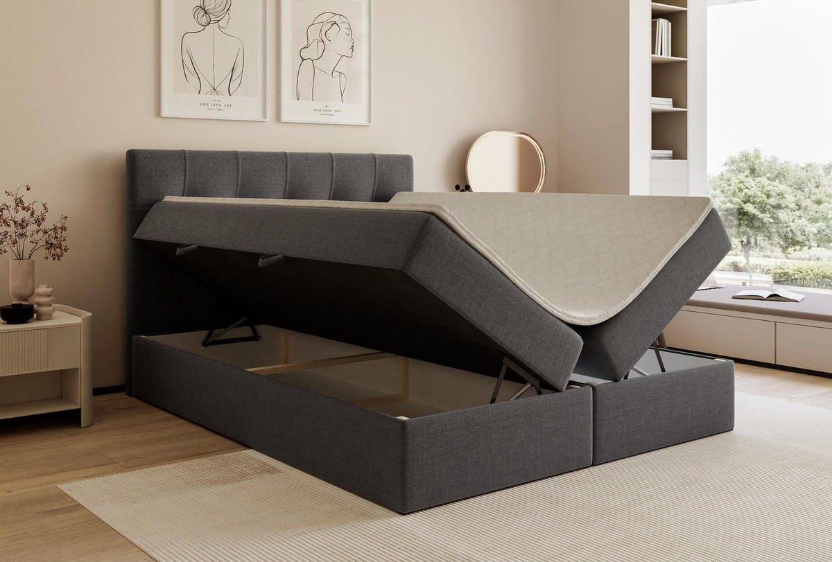 BOXBETT VENUS 200/200 cm, mit Matratze und Topper, Anthrazit - Anthrazit, Holzwerkstoff/Textil (200/200cm) - Idohome