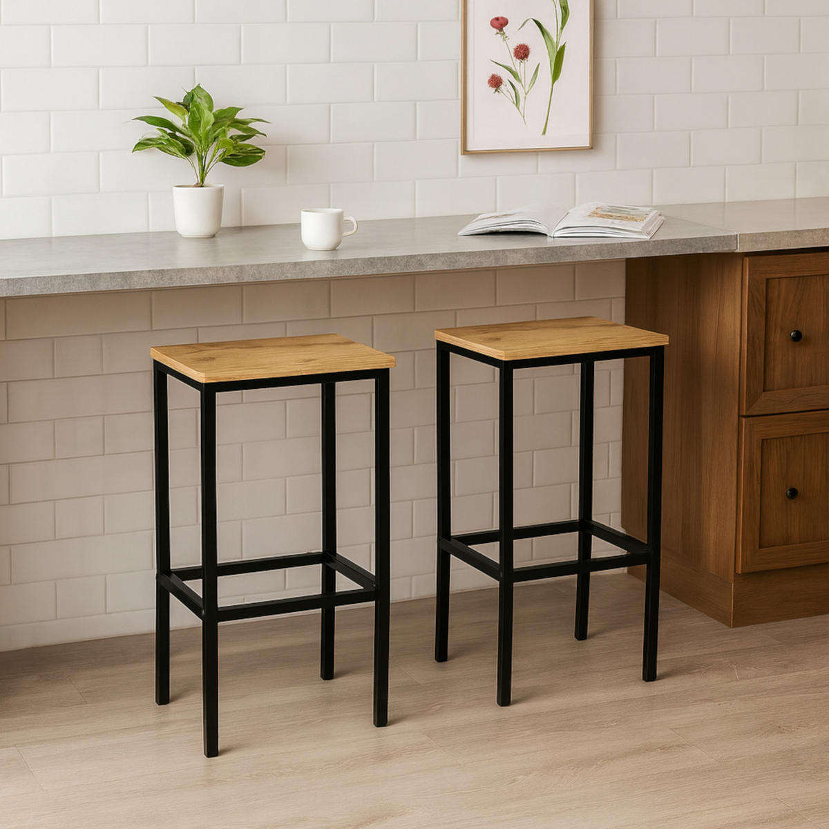 BARHOCKER 2-er Set Holzoptik Metall Eichefarben 65 cm stabile - Eichefarben, Holzwerkstoff/Metall (40/65/30cm) - Begryf