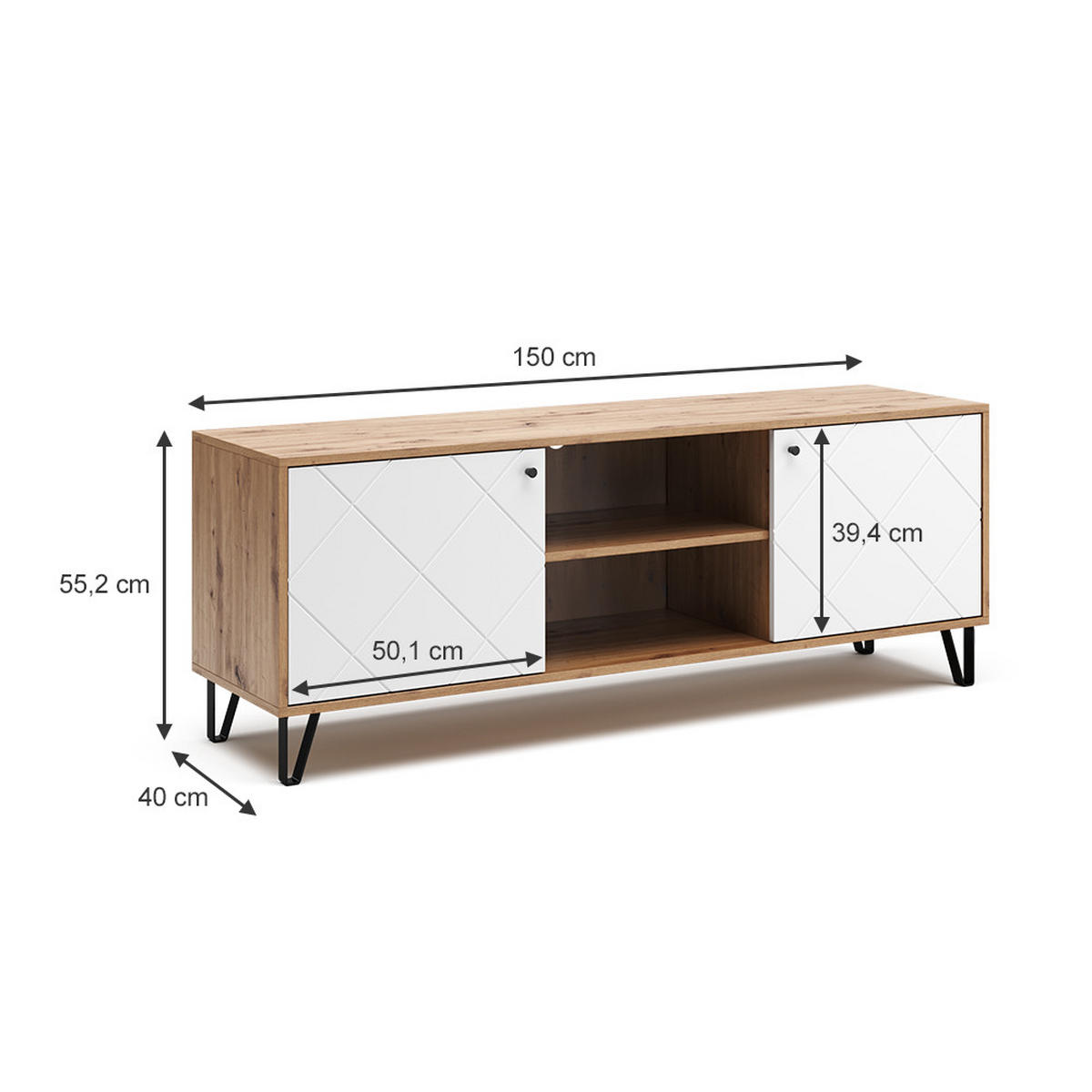 LOWBOARD Nizza Artisan-Eiche 150 x 55.2 cm - Eiche Artisan/Weiß, Holzwerkstoff (150/55.2/40cm) - Vicco