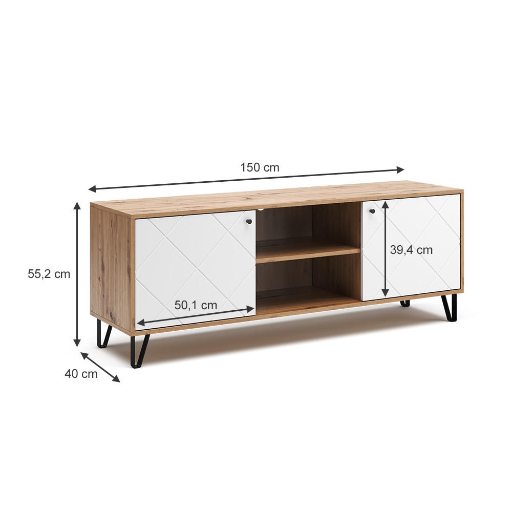 Thumbnail - Vicco Lowboard, Eiche Artisan, Weiß, Holzwerkstoff, 4 Fächer, Rechteckig, 150x55.2x40 cm, Wohnzimmer, Wohnwände, Lowboar...