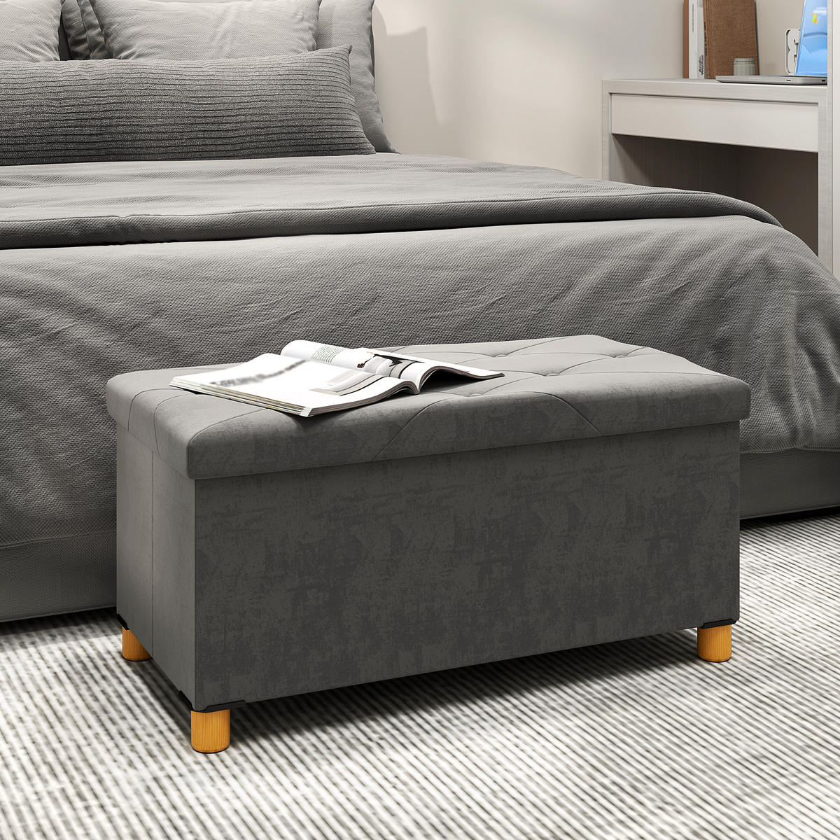 SITZBANK mit Stauraum, faltbar Polsterbank, Bettbank mit Samtoptik, Sitztruhe - Grau, Kunststoff (38/38/76cm) - HOMCOM