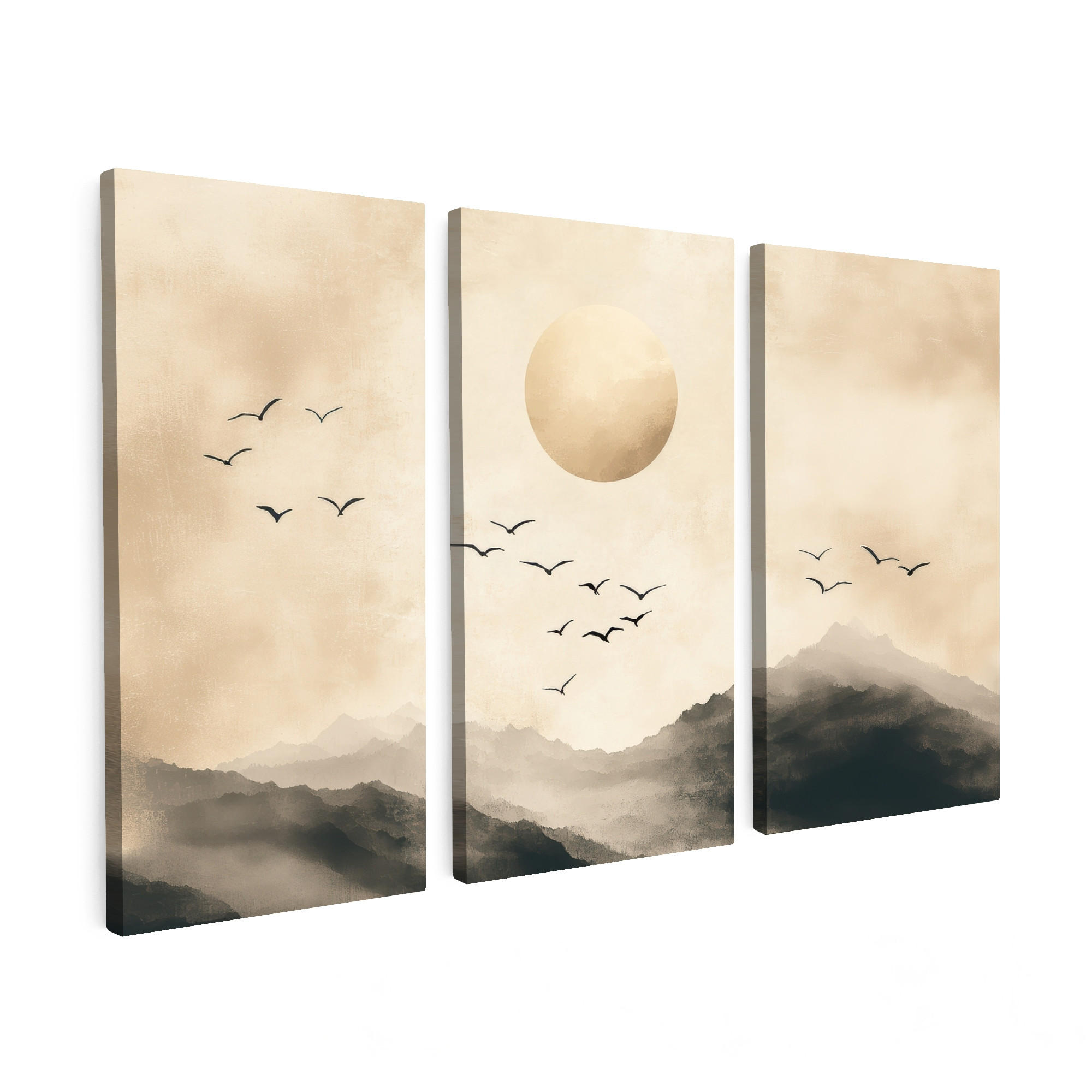 LEINWANDBILD 3er Set Landschaft - Japandi - Beige - Vögel 120x80 cm - Beige, Textil (120/80cm) - MuchoWow