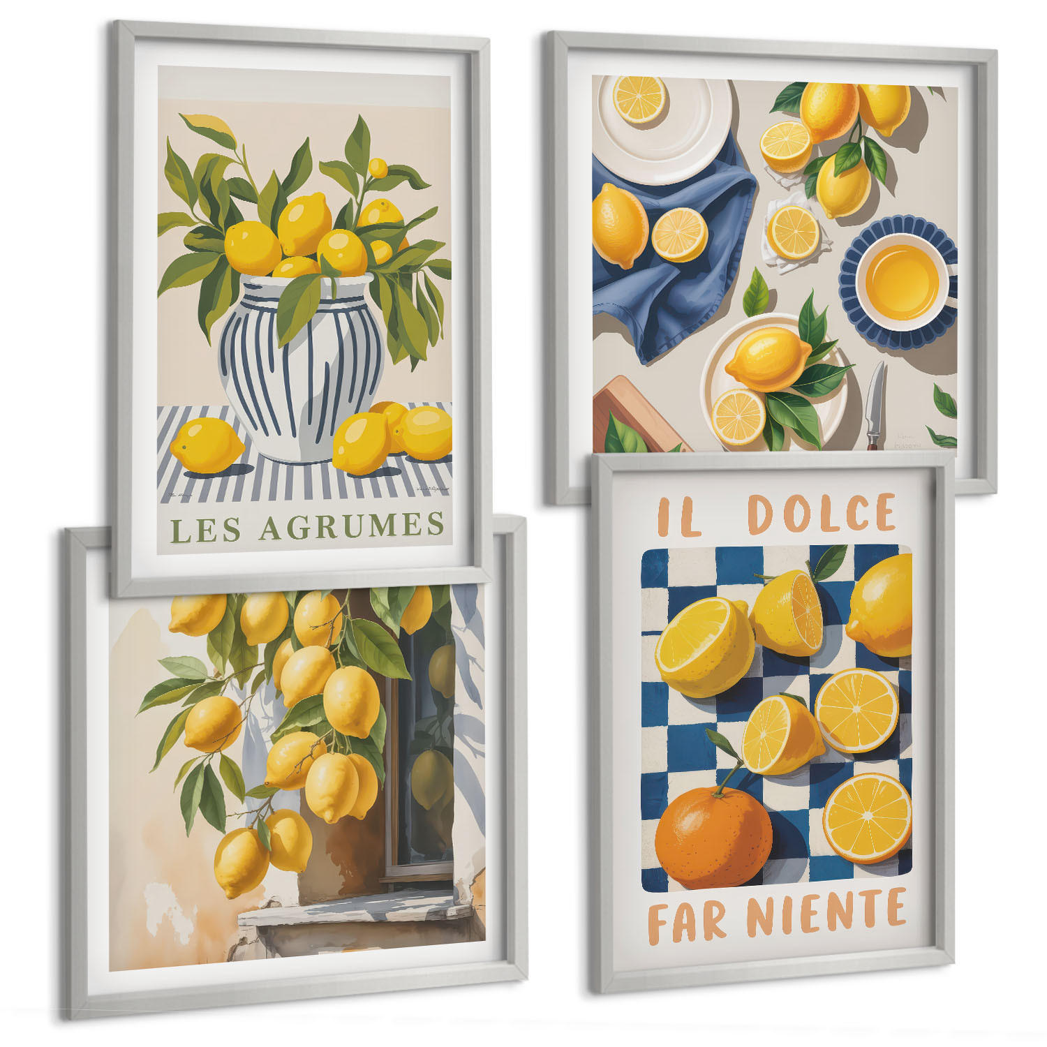 BILDER SET 4er Set - 50x50 cm & 40x60 cm Silberner Rahmen - Retro gelbe Zitrusfrüchte - Silberfarben, Kunststoff (50/50cm) - TULUP