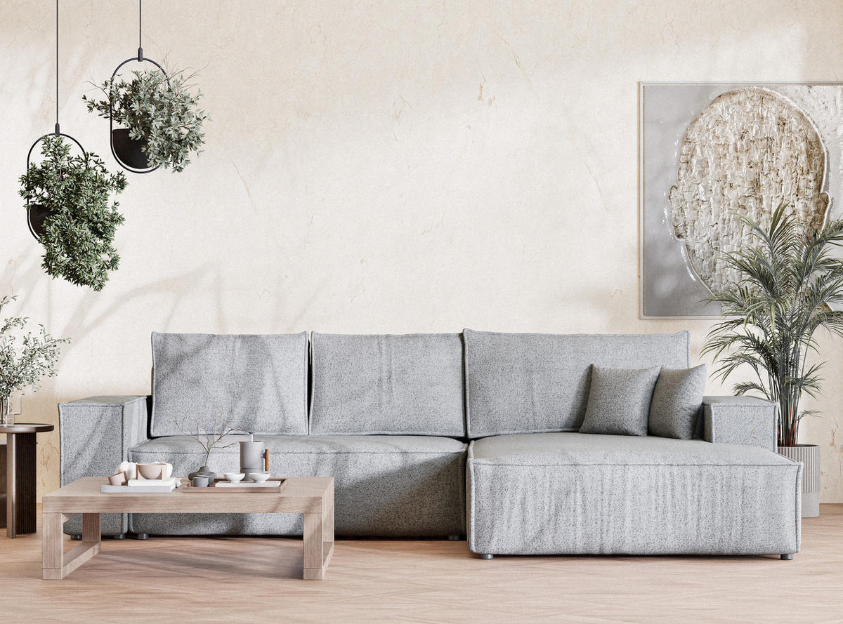 ECKSOFA MIT SCHLAFFUNKTION Maze Hellgrau Webstoff - Hellgrau/Schwarz, Holz/Holzwerkstoff (294/185cm) - Maison de Reve