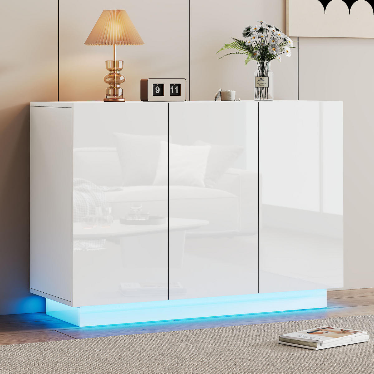 SIDEBOARD LED Weiß Hochglanz 120x40x75cm Stauraum Modern - Weiß, Holzwerkstoff (40/75/120cm) - FLIEKS