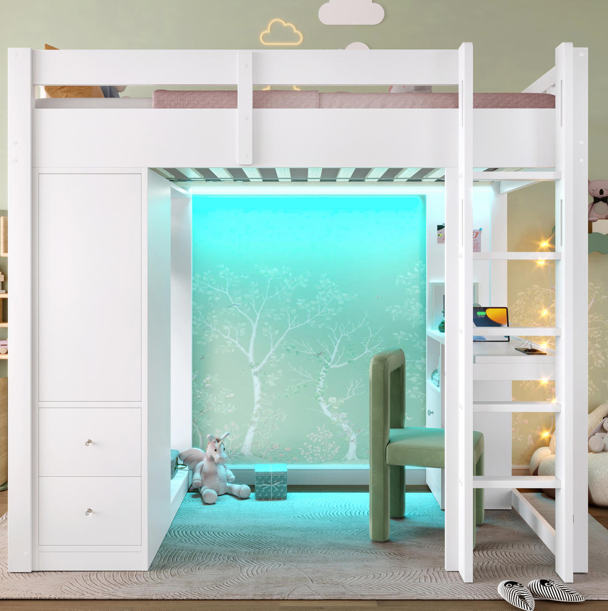 HOCHBETT 90/200 cm aus Massivholz und MDF mit Schreibtisch, LED, USB, 4 Schubladen und Kleiderschrank, Weiß - Weiß, Holzwerkstoff (90/200cm) - Redom
