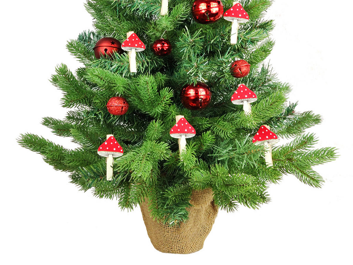WEIHNACHTSBAUM künstlicher 60 cm mit LED-Beleuchtung, ZAUBERPILZ, mit 36 Weihnachtsbaumschmuck, Pflanztopf mit Jutesack - Rot/Grün, Kunststoff/Stein (40/60cm) - LAALU