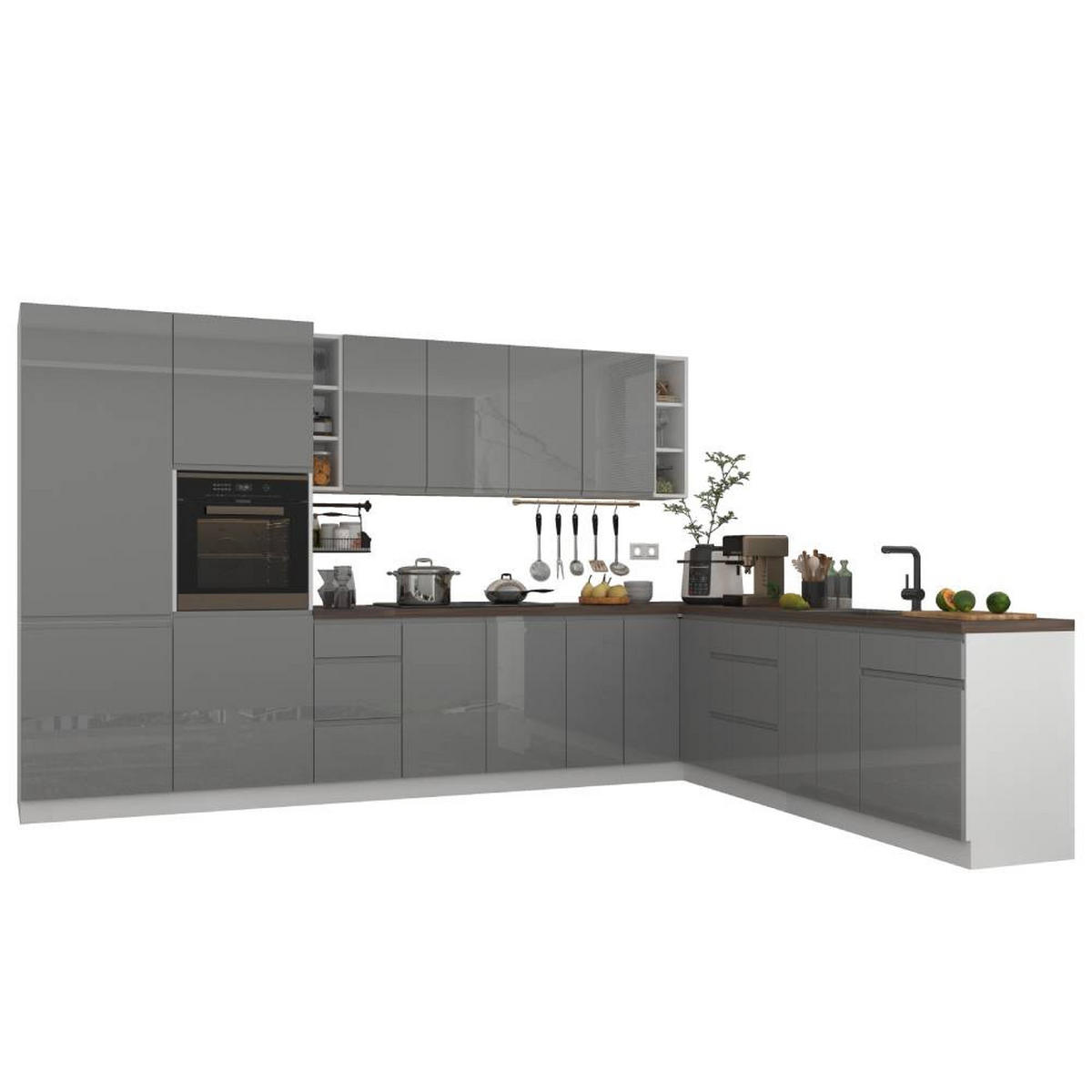 ECKKÜCHE 350 x 260 cm – Aspen KA4-M350 - in Grau/Hochglanz - Grau, Holz (610/212/58cm)