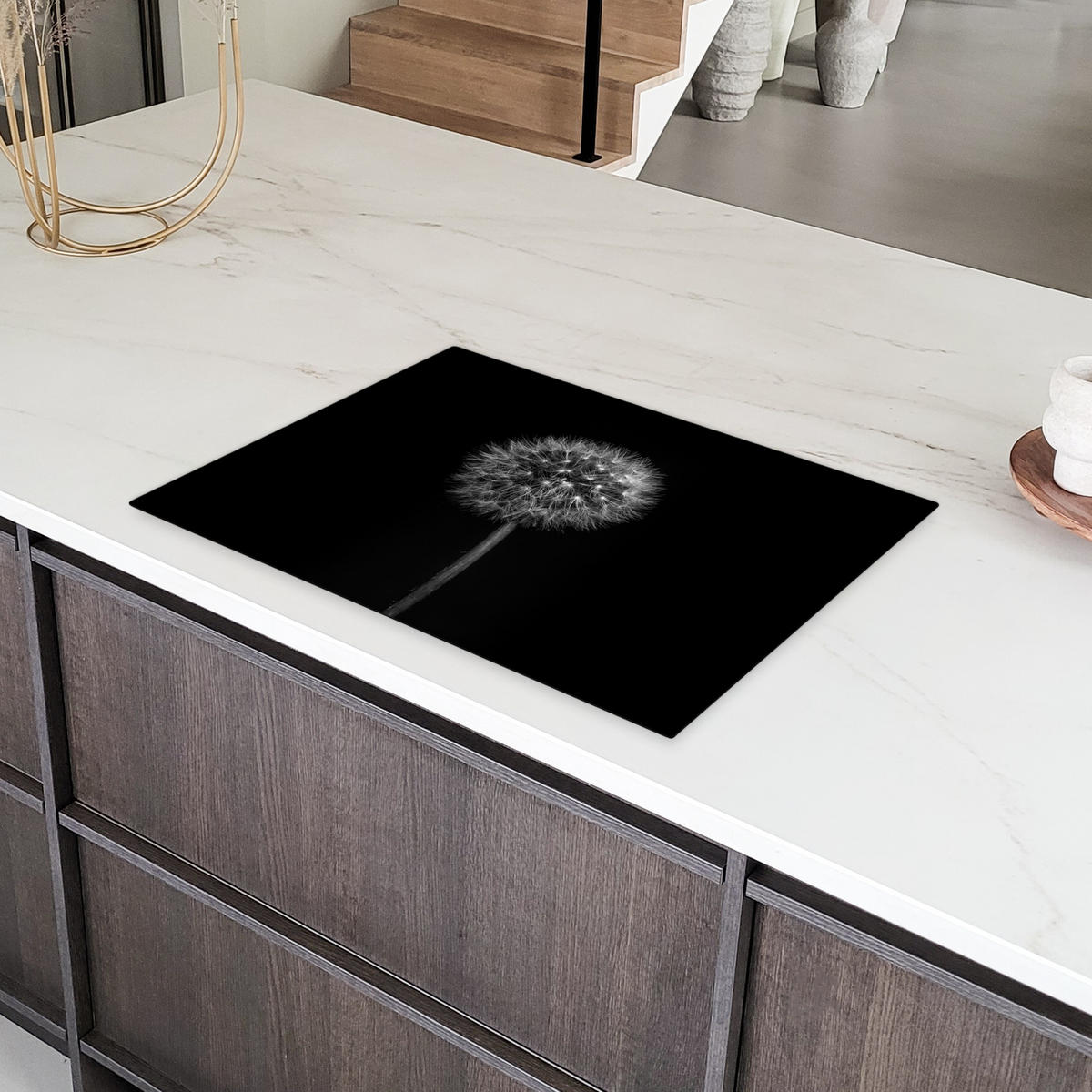 HERDABDECKPLATTE Löwenzahn - Schwarz - Floral - Botanisch Herdabdeckung Induktionsfeld 75x52 cm - Grau, Kunststoff (75/52/0.2cm) - MuchoWow