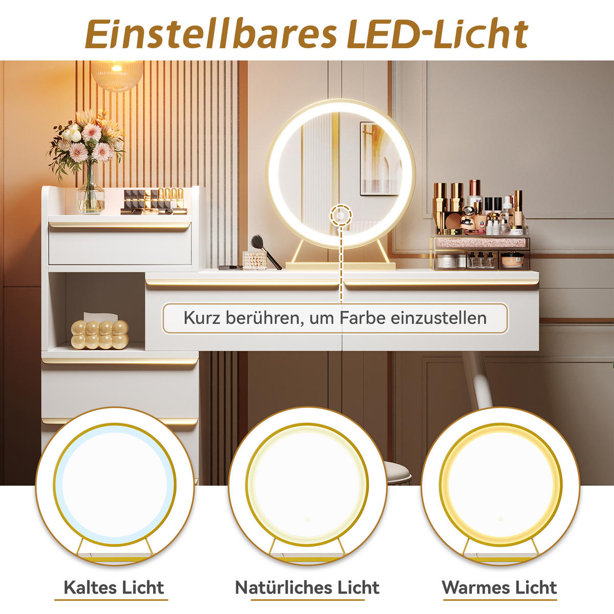 SCHMINKTISCH mit LED-Spiegel, 6 Schubladen & großem Stauraum - Weiß, Holzwerkstoff/Metall (100/102/41.5cm) - Urban Meuble