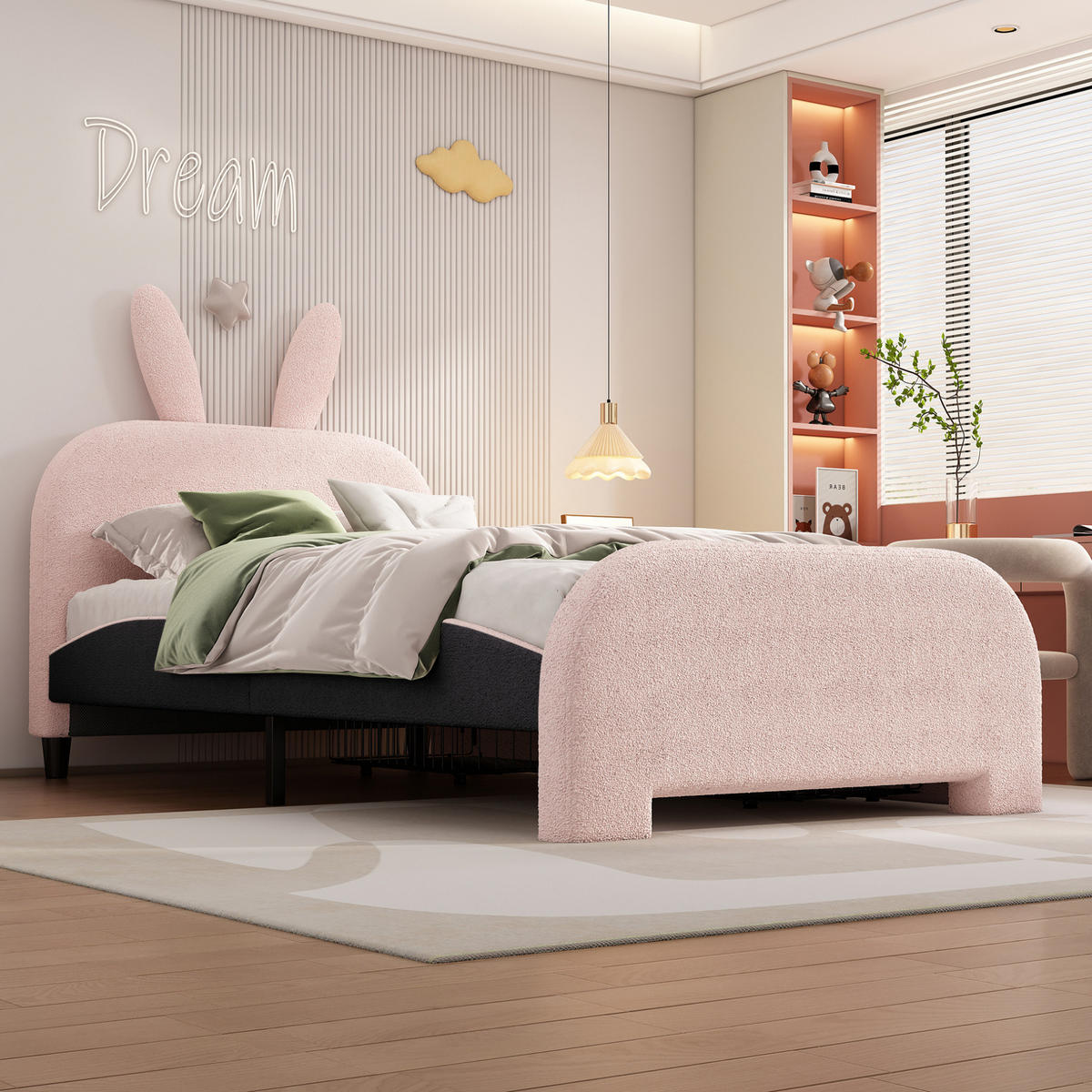 BETT 90/200 cm Rosa mit 2 Schubladen und Kaninchen-Kopfteil - Rosa, Textil (90/200cm) - Flora Grace