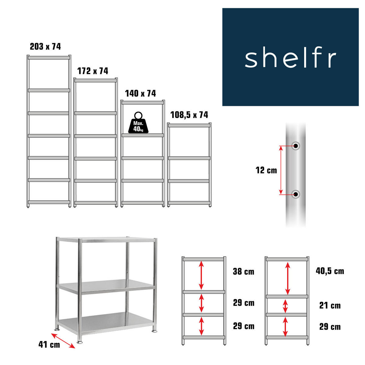 EDELSTAHLREGAL 296/41/200 cm mit 4-7 Ebenen, Silber - Silberfarben, Metall (41/200/72cm) - shelfr