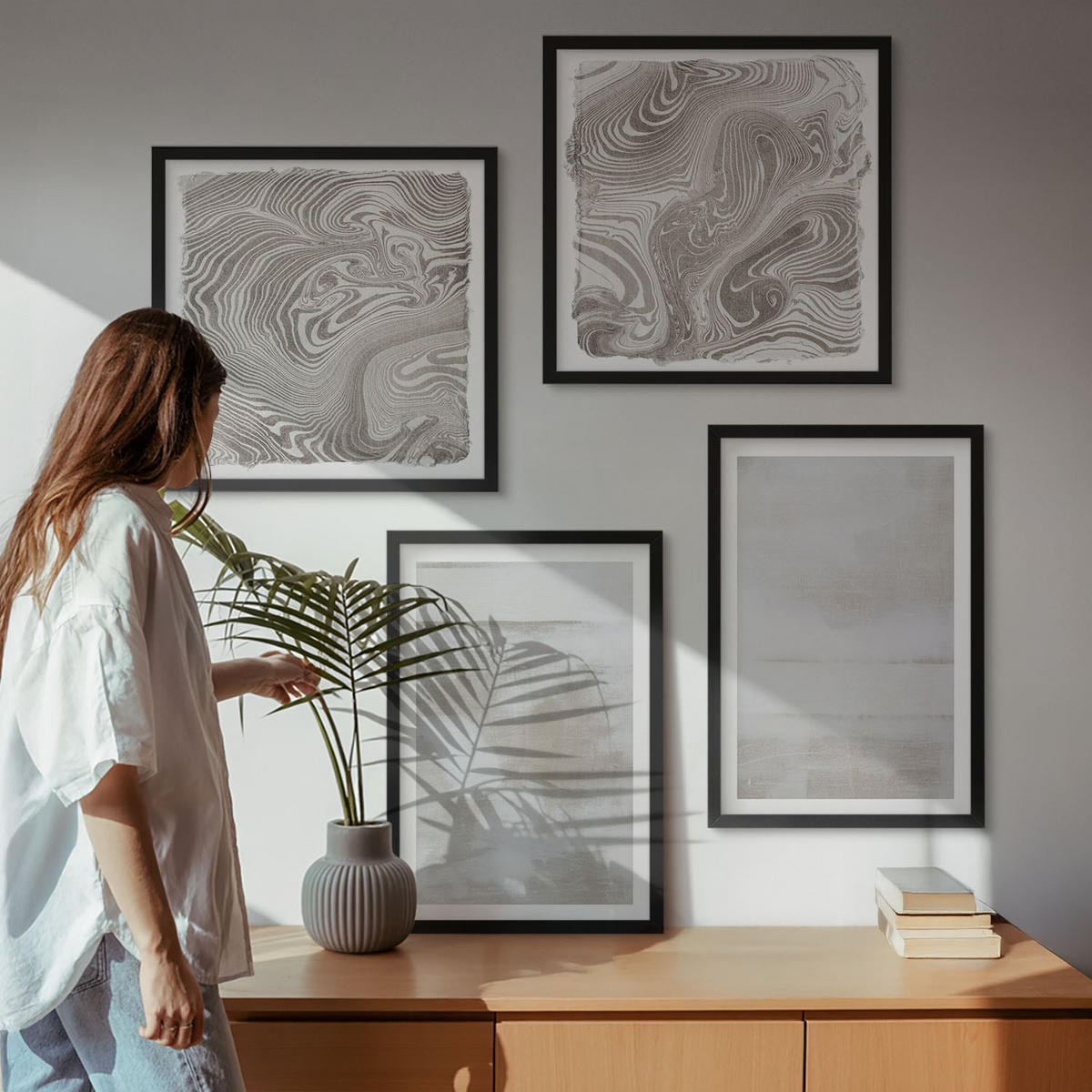 BILDER SET 4er Set - 50x50 cm & 40x60 cm Schwarzer Rahmen - Abgenutzte Texturen, moderner Stil - Schwarz, Kunststoff (50/50cm) - TULUP