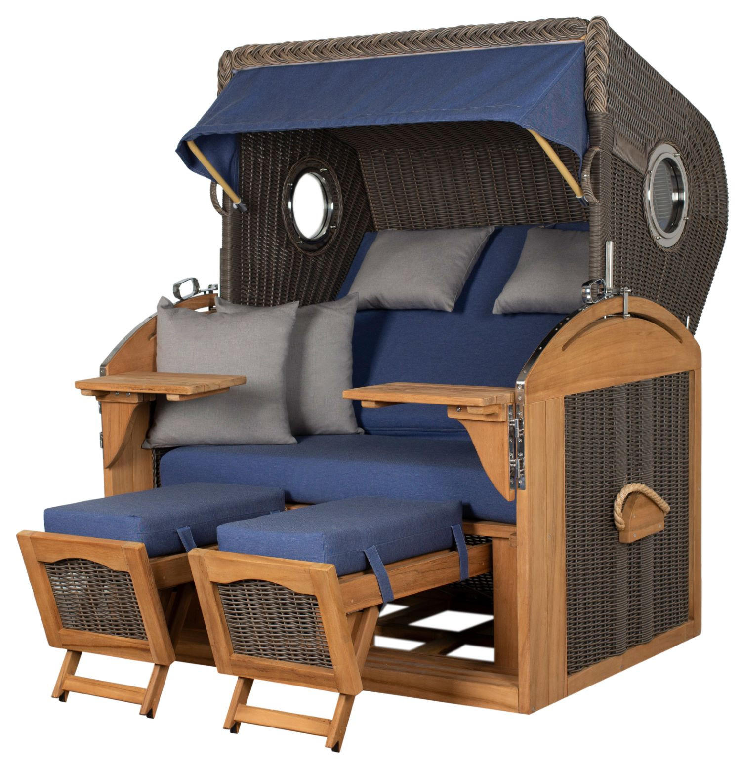 STRANDKORB Komplettset: Borkum XL Teak Bullauge - PE grau - Modell 595 - Blau/Grau, Holz/Kunststoff (142/170/95cm) - bene living