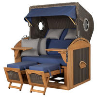 STRANDKORB Komplettset: Borkum XL Teak Bullauge - PE grau - Modell 595 - Blau/Grau, Holz/Kunststoff (142/170/95cm) - bene living