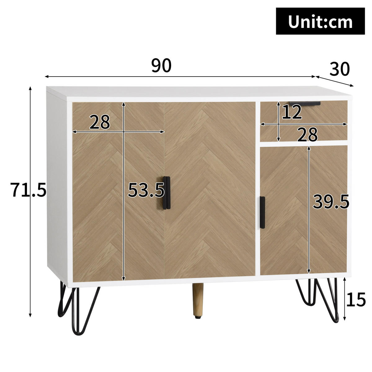 SIDEBOARD 90x30x71,5 cm, Metallfüße, Weiß - Weiß, Holz (90/71/30cm)