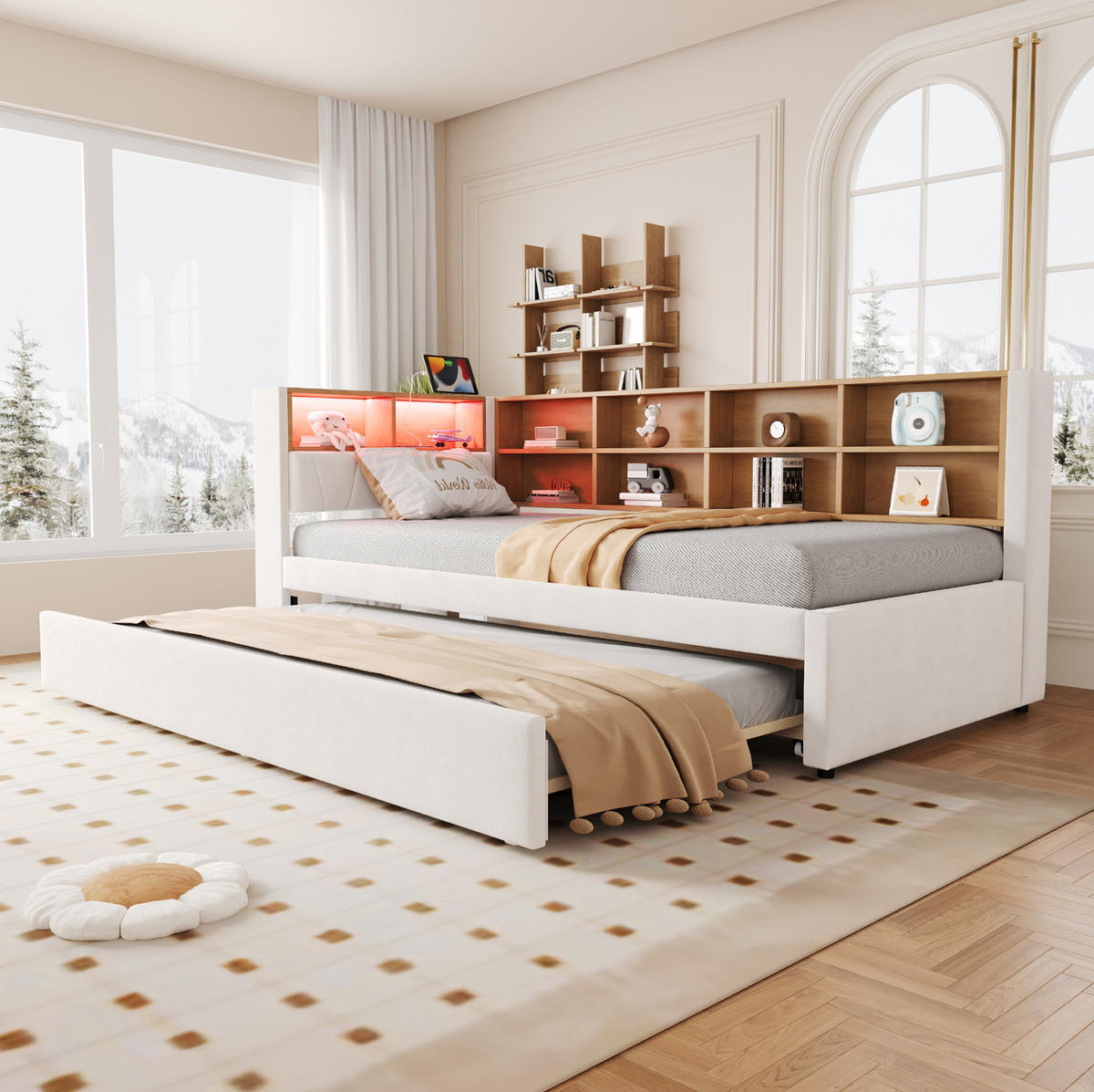BETT 90/200 cm mit Ausziehbett 90/190 cm, LED-Beleuchtung, USB-C, Steckdose und Stauraum, Beige - Beige, Textil (90/200cm) - Redom