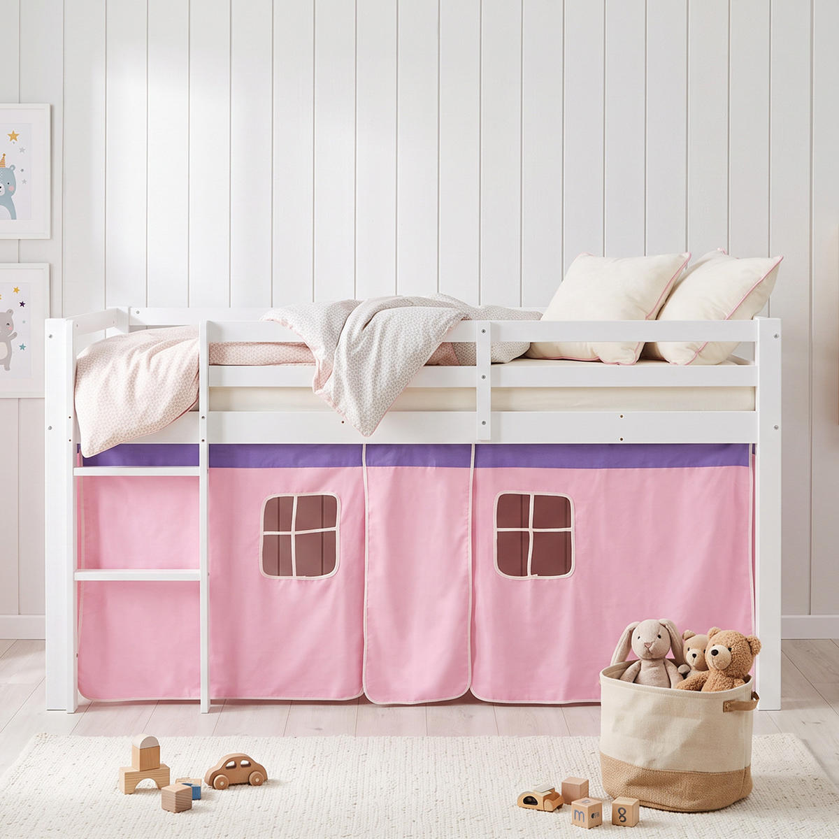 HOCHBETT mit Lattenrost Matratze 90/200 cm Rosa - Weiß/Rosa, Holz (90/200cm) - Homestyle4u