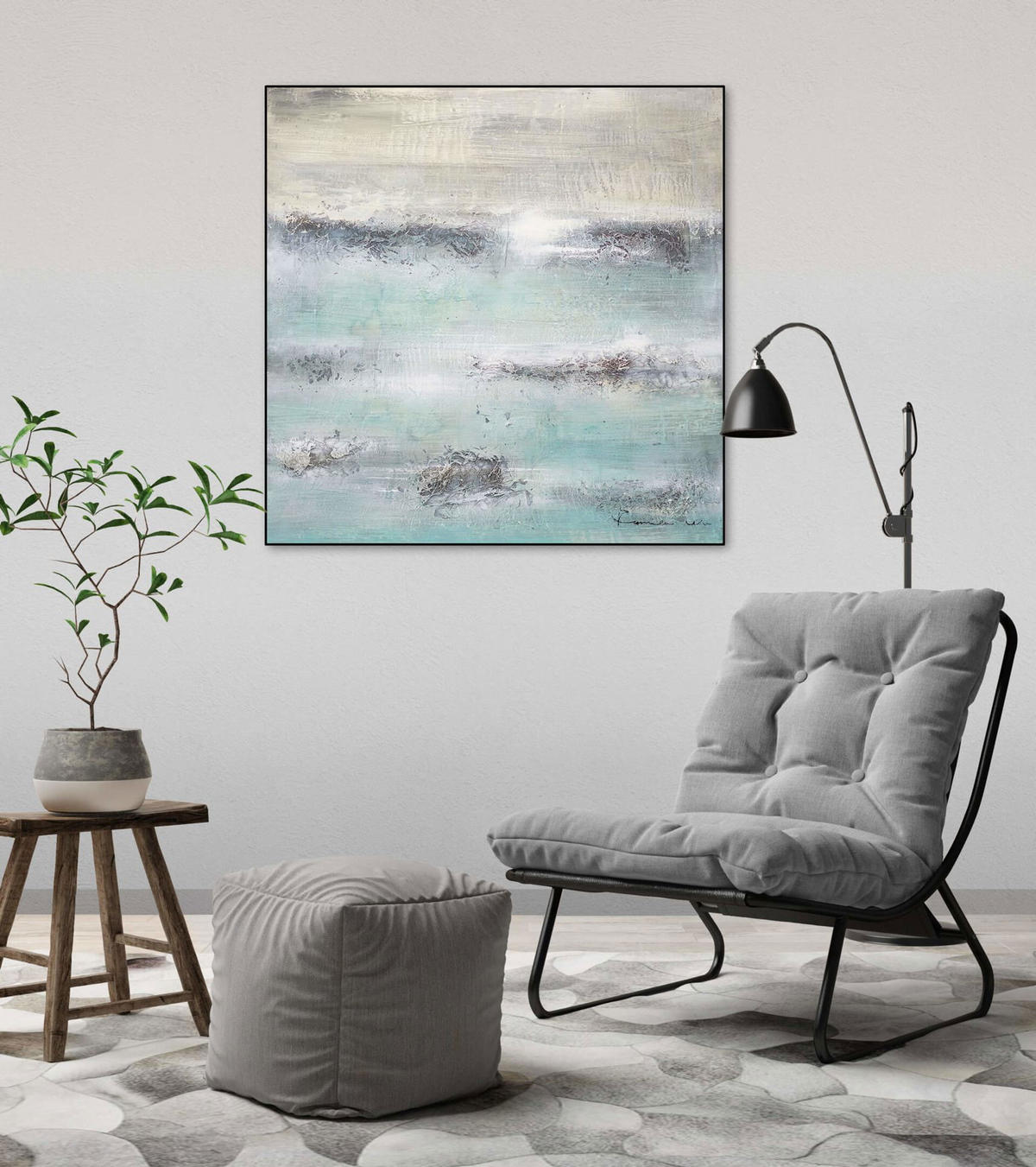 ACRYLBILD HANDGEMALT 80/80 cm - Beige/Petrol, Holz/Textil (80/80cm) - KUNSTLOFT