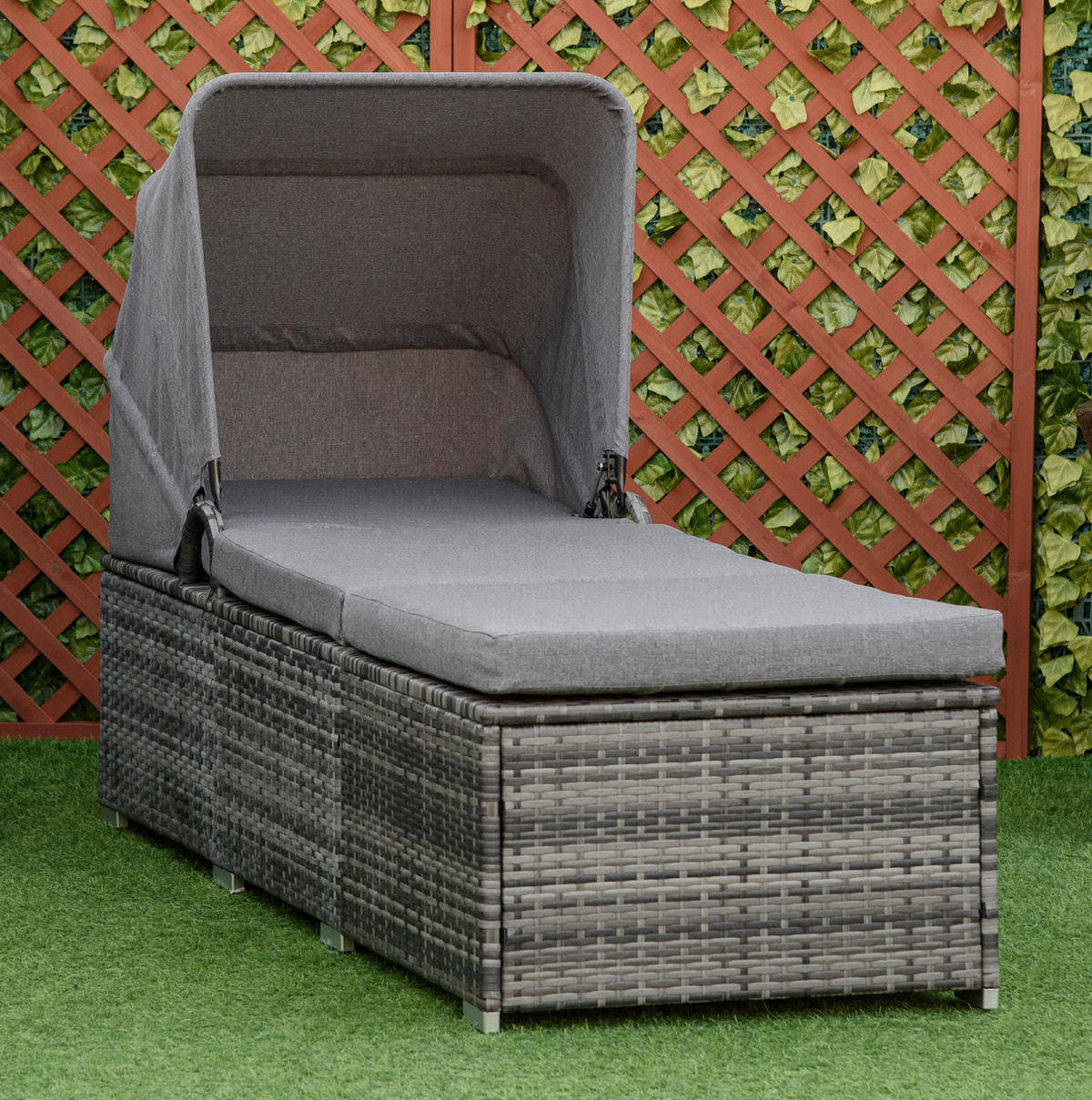 SONNENLIEGE aus PE-Rattan 195x65x40 cm in Grau mit Baldachin - Grau, Metall (65/40/195cm) - Modfu