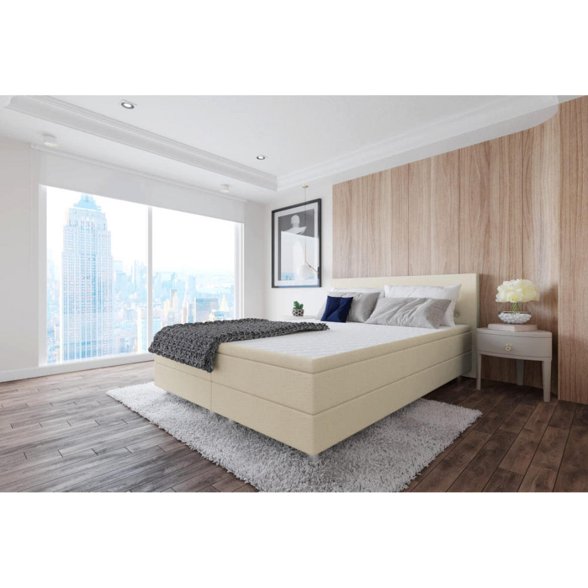 BOXBETT, Polsterbett Sawana mit Bonellfederkern-Matratze und Topper Schlafzimmer - Creme, Holz/Holzwerkstoff (180/200cm) - Best For Home