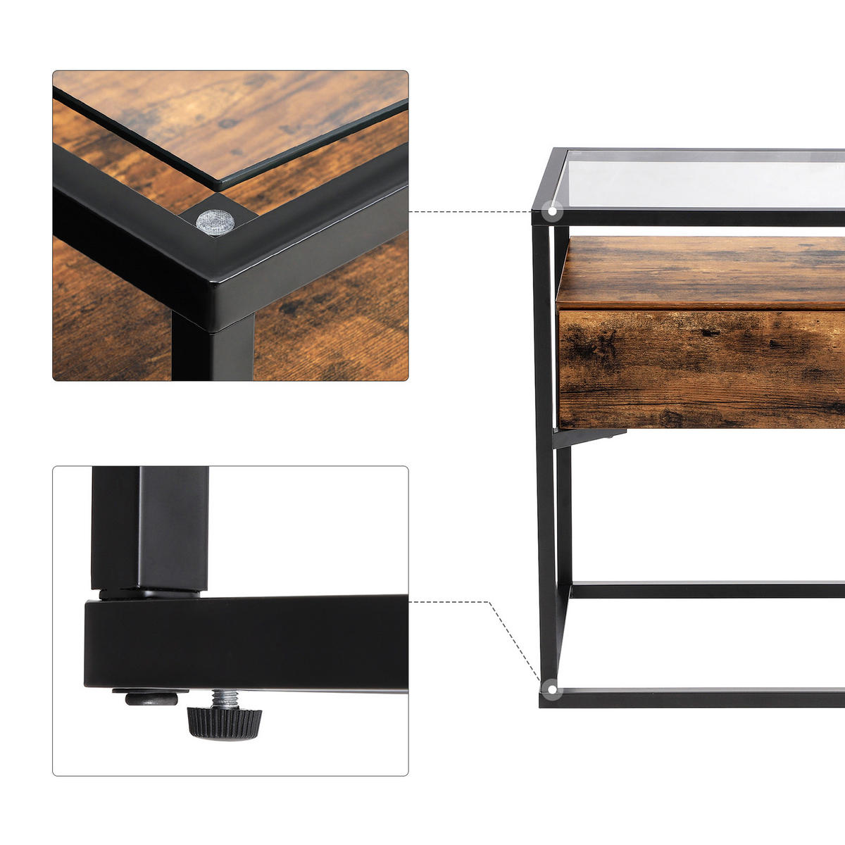 NACHTTISCH Holzoptik Glass Metall Dunkelbraun Schwarz mit Schublade 43x43x54 cm - Dunkelbraun/Schwarz, Glas/Holzwerkstoff (43/54/43cm) - Begryf