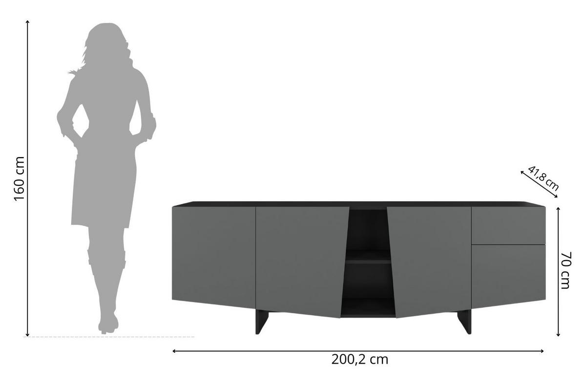 SIDEBOARD Wing, Asymmetrische Fronten, 200 cm, Schwarz und Grau - Schwarz/Grau, Holzwerkstoff (200.2/70/41.8cm) - Skandica