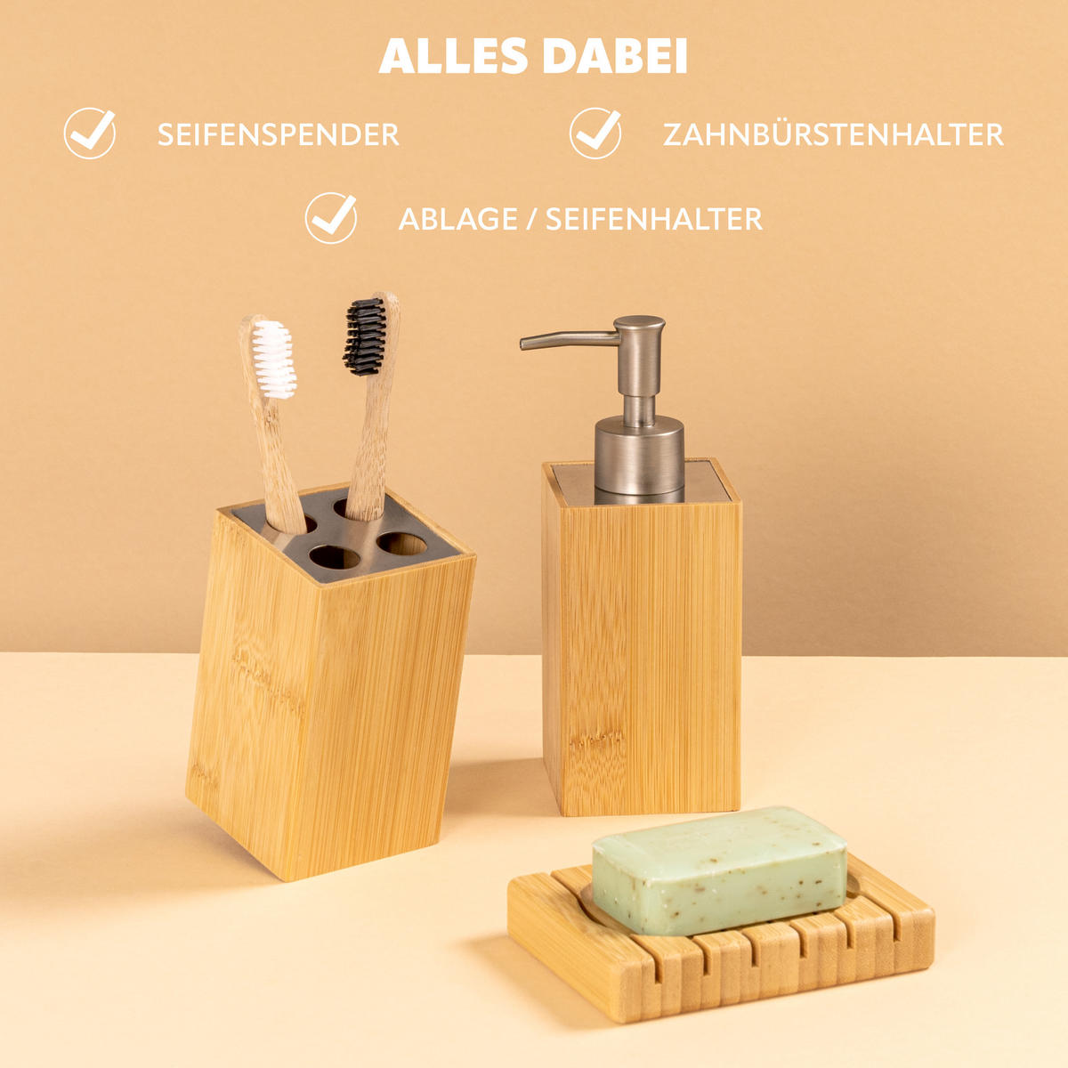 BADEZIMMER 3er-Set, Bambus - Braun, Holz (9/2/12cm) - bremermann