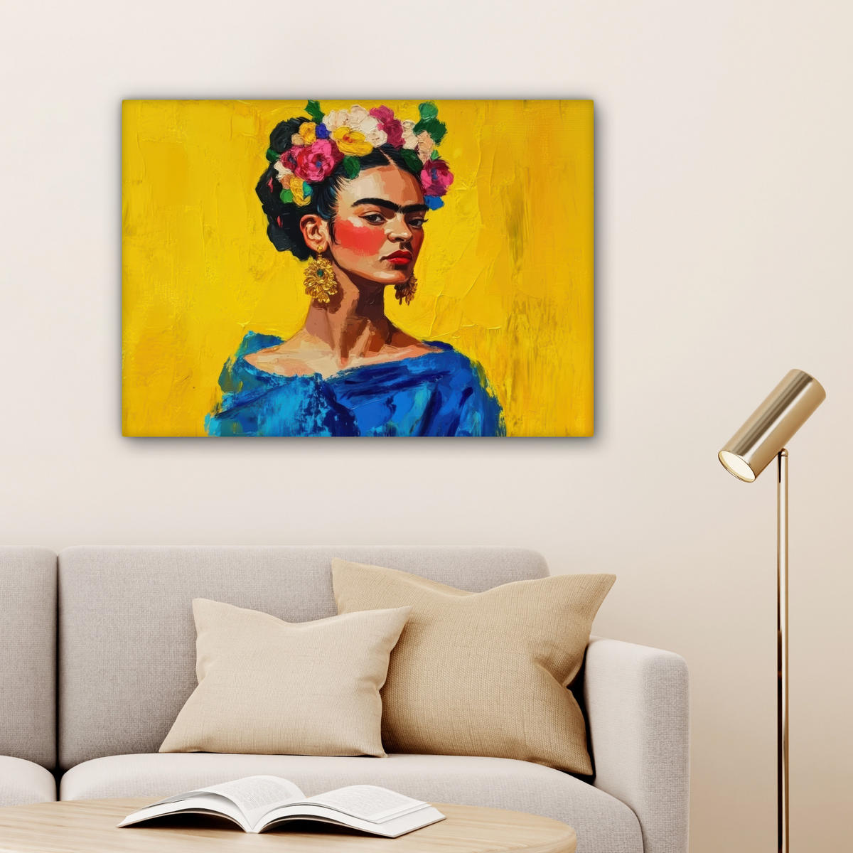 LEINWANDBILD Frida Kahlo - Frau - Gelb - Blau - Blumen Wandbilder 80x60 cm - Gelb, Textil (80/60cm) - MuchoWow