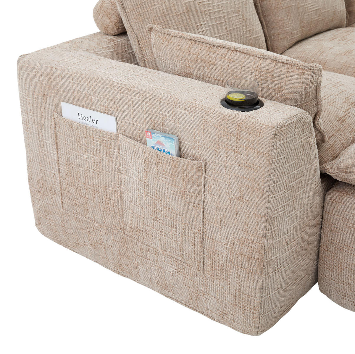 SOFA modular 3-Sitzer mit Fußhocker 256 x 161 cm Chenille Khaki - Braun, Holzwerkstoff (161/256cm) - Meubliv