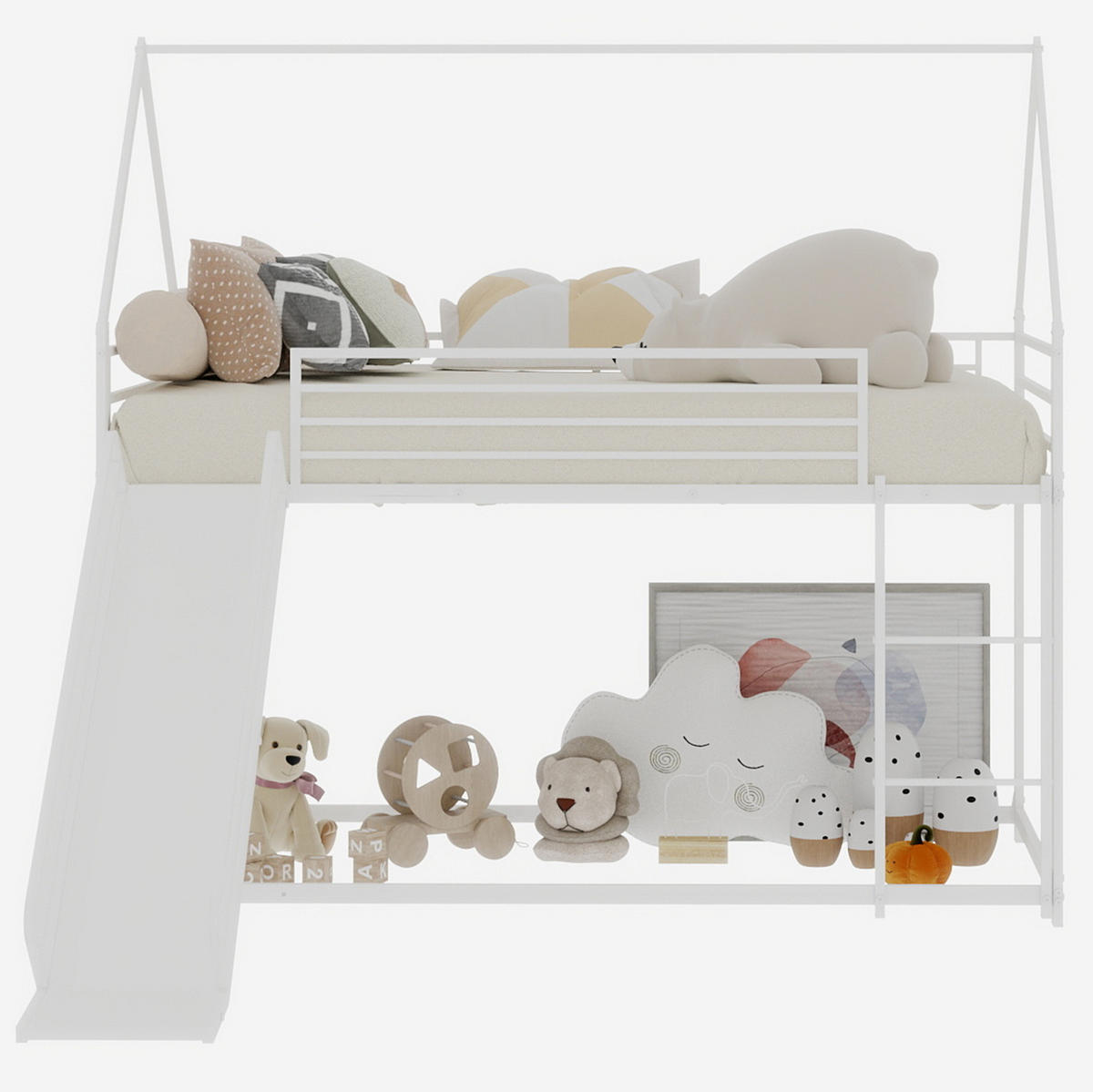 ETAGENBETT 90/200 cm mit Rutsche, Leiter und Spielhausdesign, Weiß - Weiß, Metall (90/200cm) - Redom