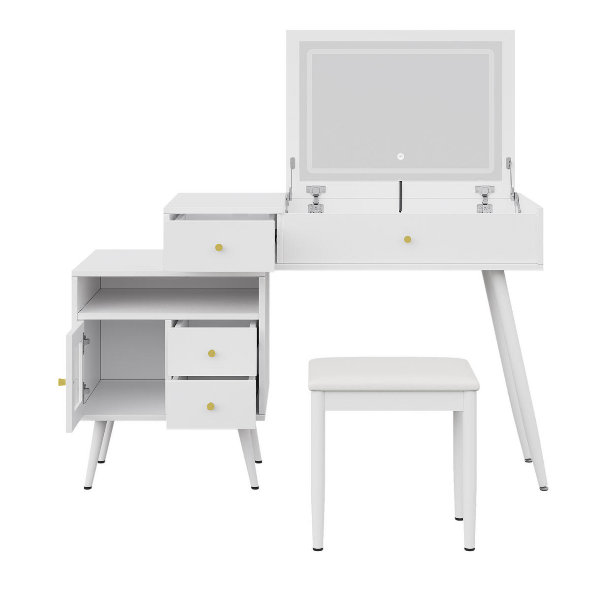 SCHMINKTISCH in Weiß mit Hocker und LED-Beleuchtung für Schlafzimmer, B120/T50/H77.5 cm - Weiß, Holzwerkstoff (120/77.5/50cm) - STILVORA