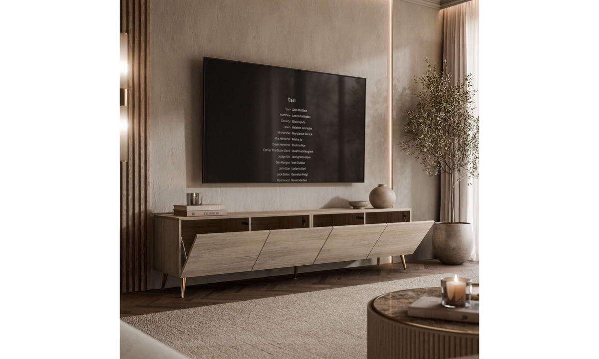 TV-SCHRANK COLGANTE 200/40/49 cm schräge goldfarbene Füße Travertin - Beige/Goldfarben, Holzwerkstoff/Metall (200/49/40cm) - Lookway