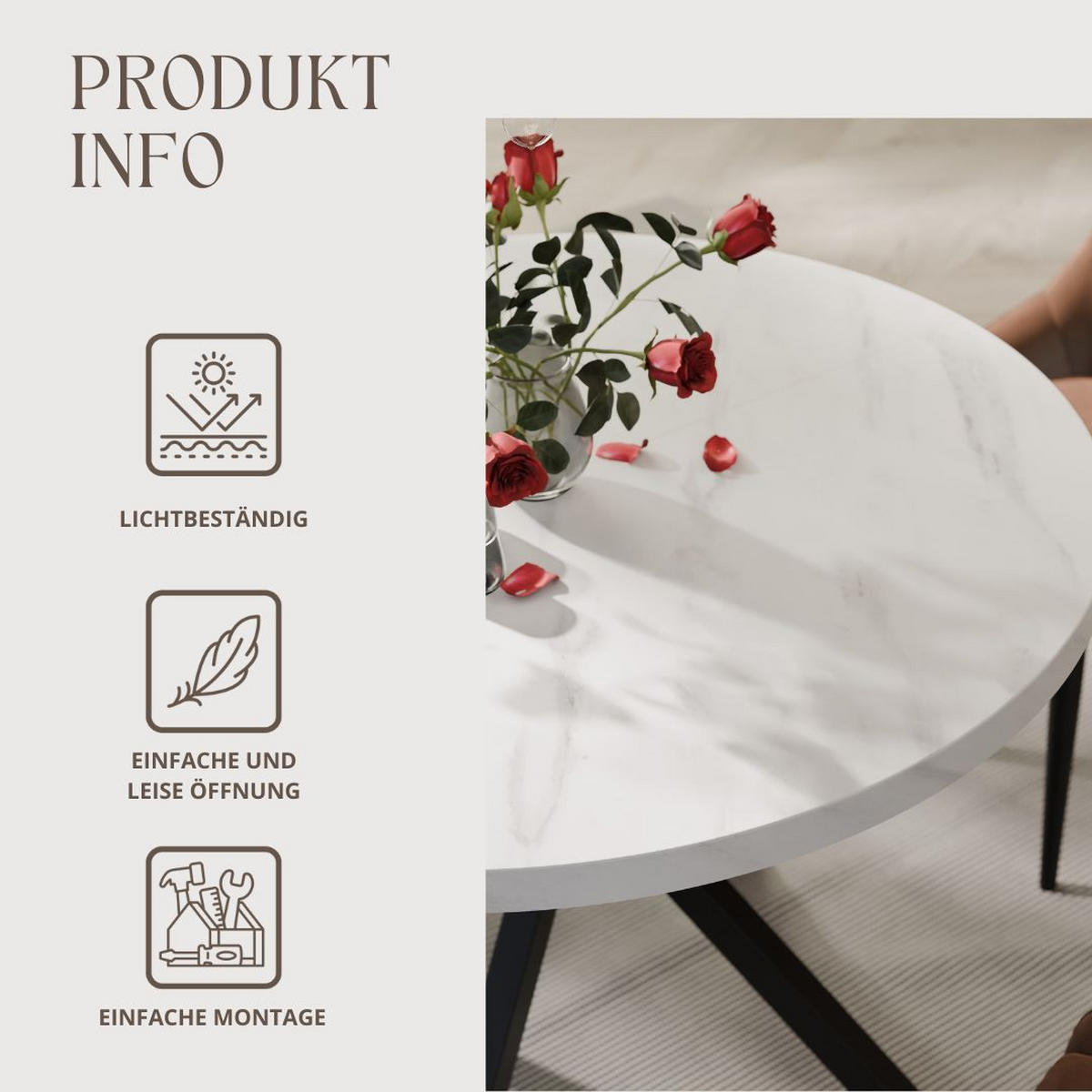 AUSZIEHTISCH MILTON 120-196/76 cm mit Metallgestell, Schwarz / Bianco Marmor - Perlmutt/Schwarz, Holzwerkstoff/Metall (120/120/76cm) - Idohome