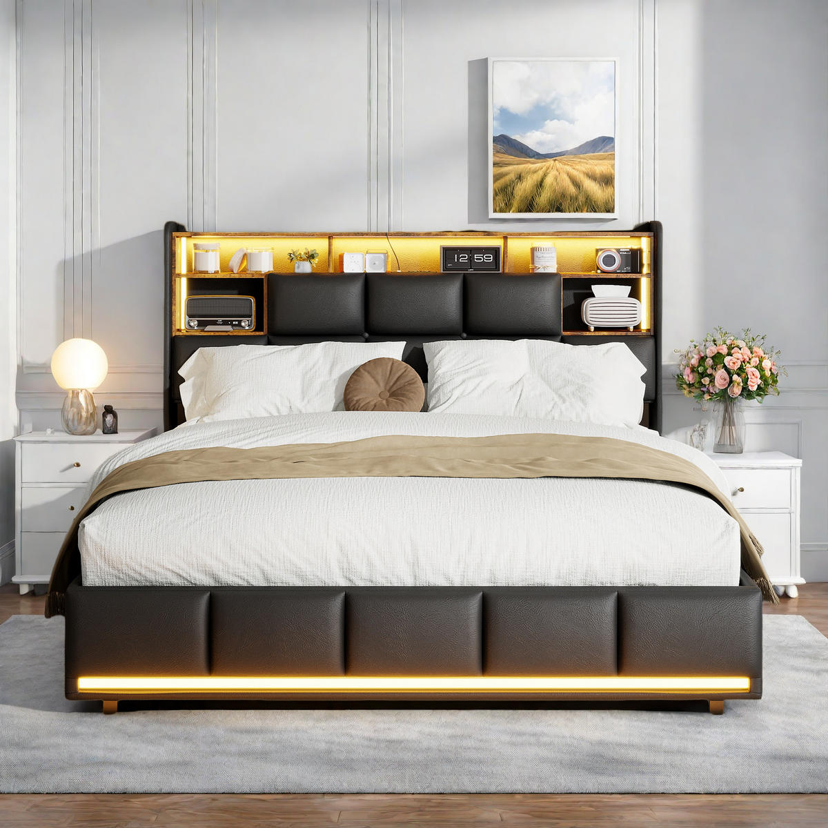POLSTERBETT 140x200 Schwarz LED - Schwarz, Holzwerkstoff (140/200cm) - SHOPENTRA