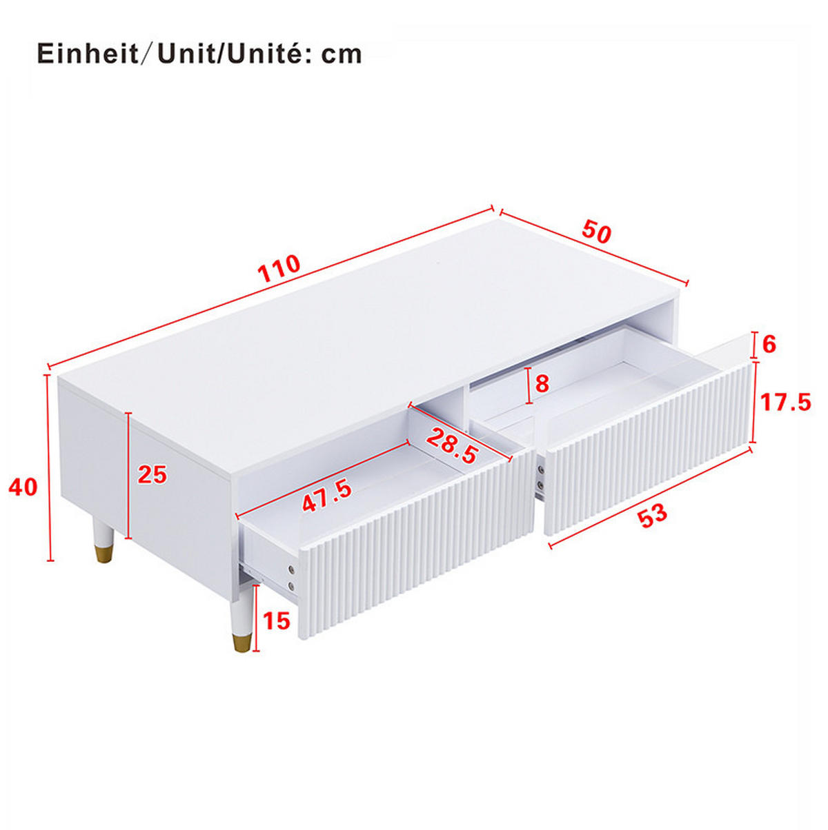 COUCHTISCH mit LED und 2 Schubladen 110 x 50 x 40 cm MDF Weiß - Weiß, Holz (100/50/40cm) - Meubliv