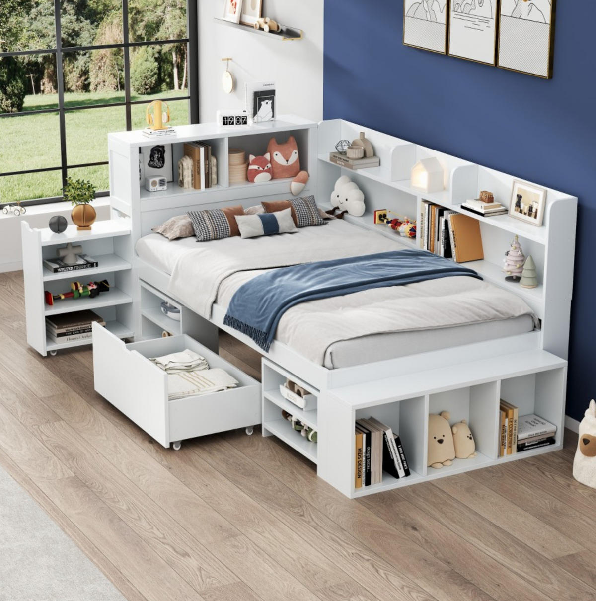 KINDERBETT 90/190 cm mit Schubladen, Regalen und viel Stauraum, Lattenrost inklusive, Weiß - Weiß, Holzwerkstoff (90/190cm) - Redom