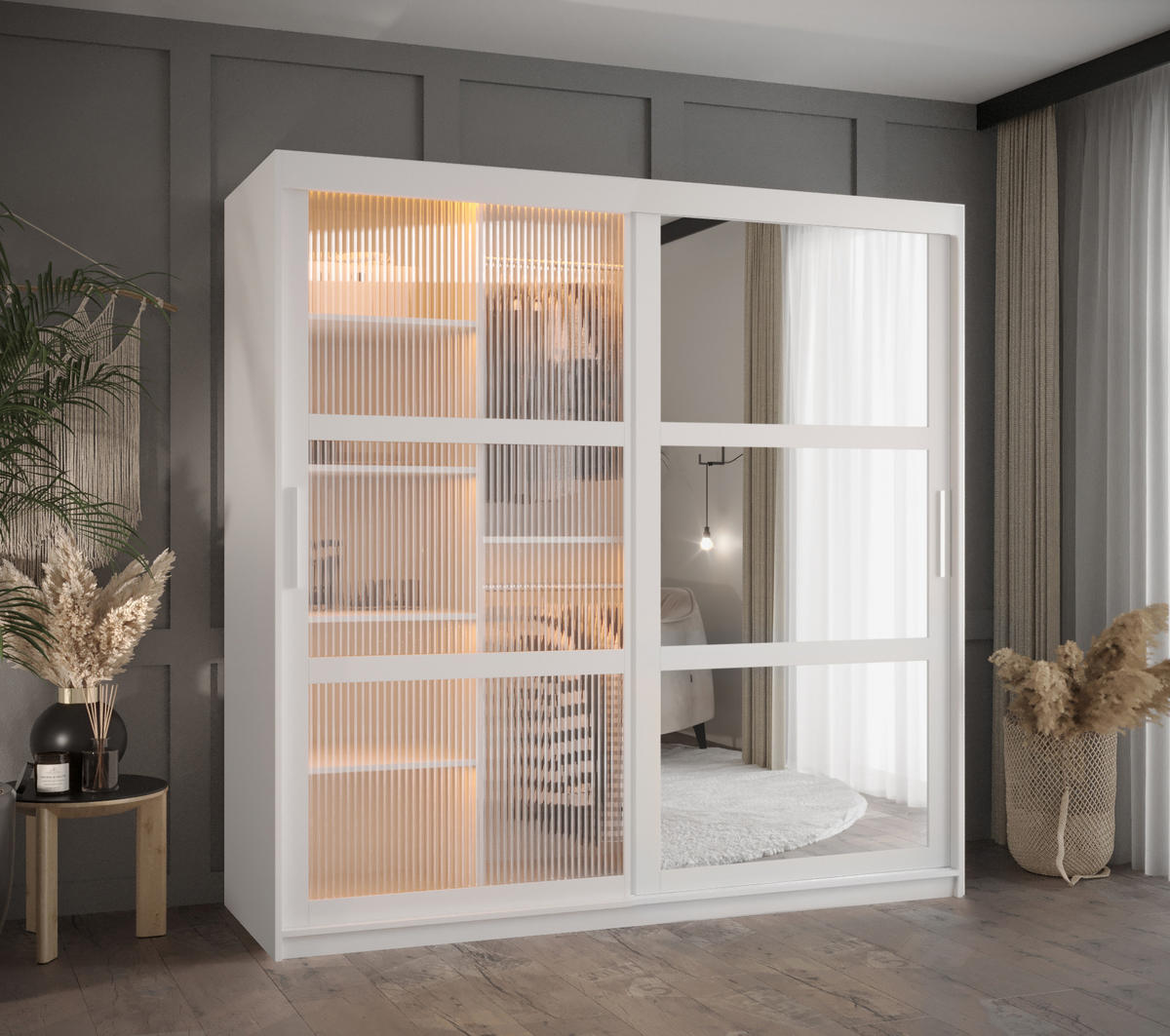 SCHWEBETÜRENSCHRANK 200/180/62 2-türig - Silberfarben/Weiß, Holz/Kunststoff (180/200/62cm) - Abiks Möbel