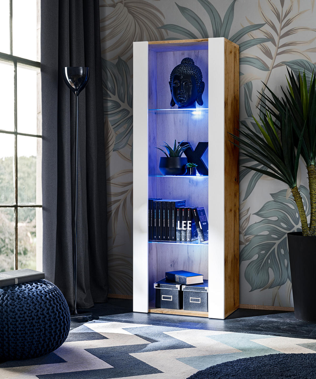 VITRINE TIVOLI, Eiche Wotan + Weiß, LED Blau - Eiche Wotan/Weiß, Glas/Holzwerkstoff (55/159/35cm) - Komodee