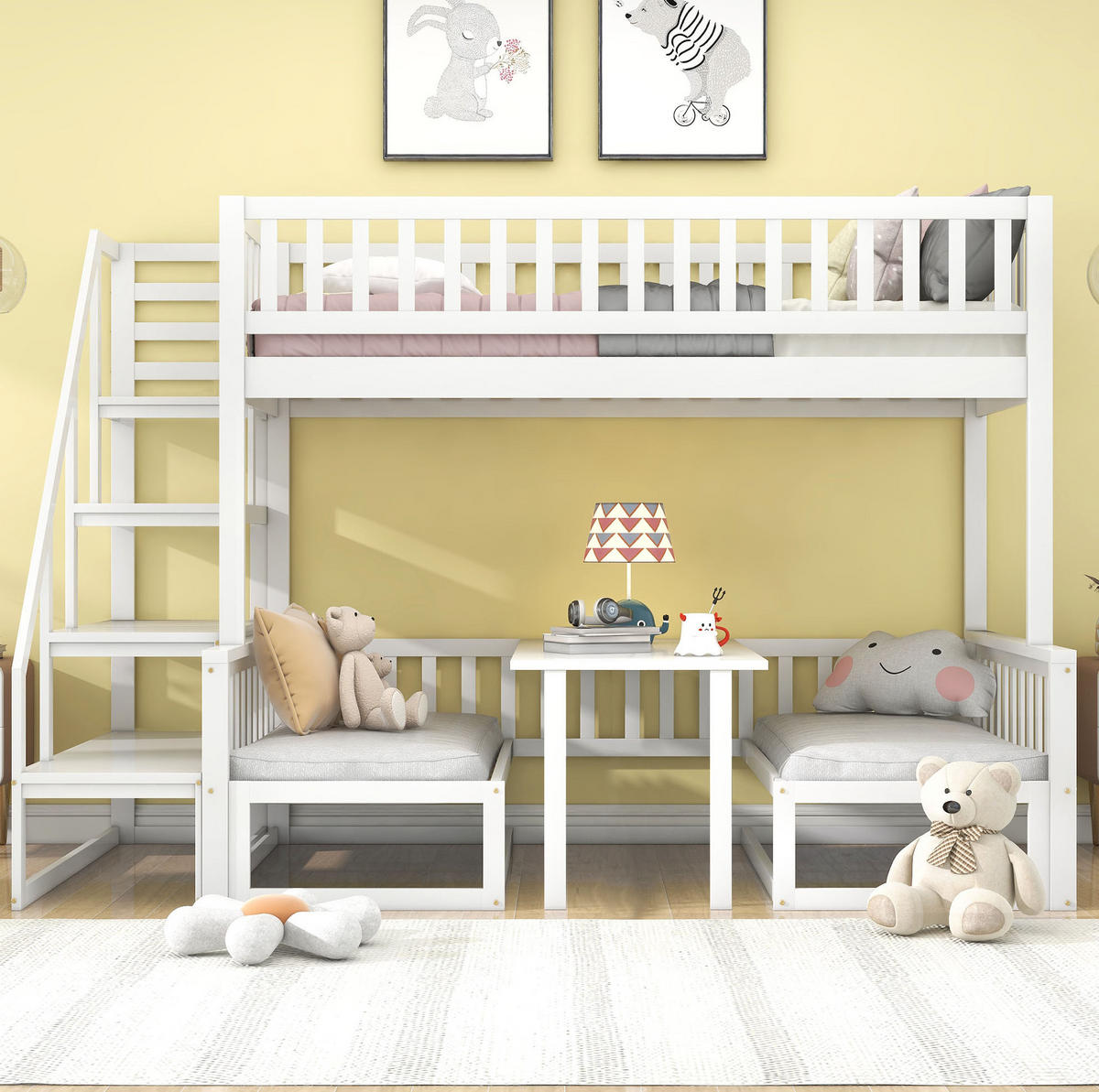 ETAGENBETT 90/200 cm Weiß mit Treppe und verstellbarem Tisch aus Kiefernholz - Weiß, Holzwerkstoff (90/200cm) - OKWISH