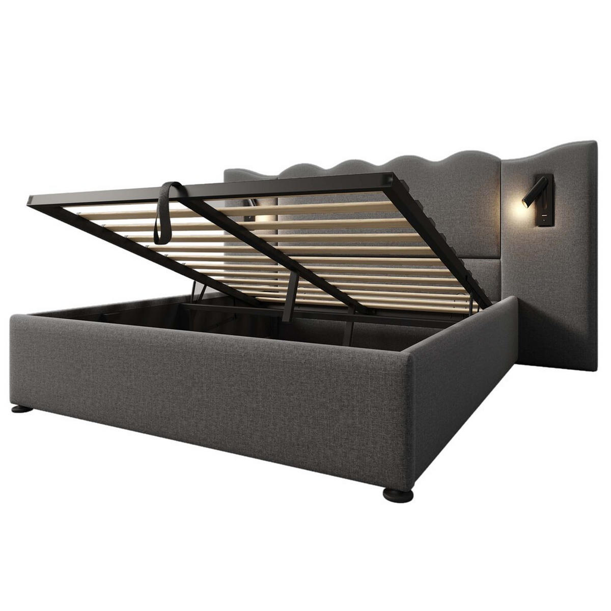 POLSTERBETT 160x200cm Doppelbett mit Leselampe & USB-C Grau - Grau, Holz - FLIEKS