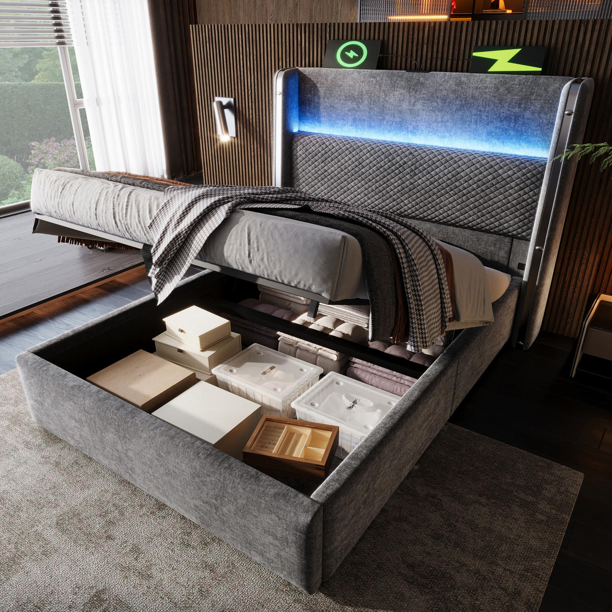 BETT 90/200 cm Grau mit hohem Kopfteil LED-Beleuchtung und Stauraum - Grau, Textil (90/200cm) - OKWISH